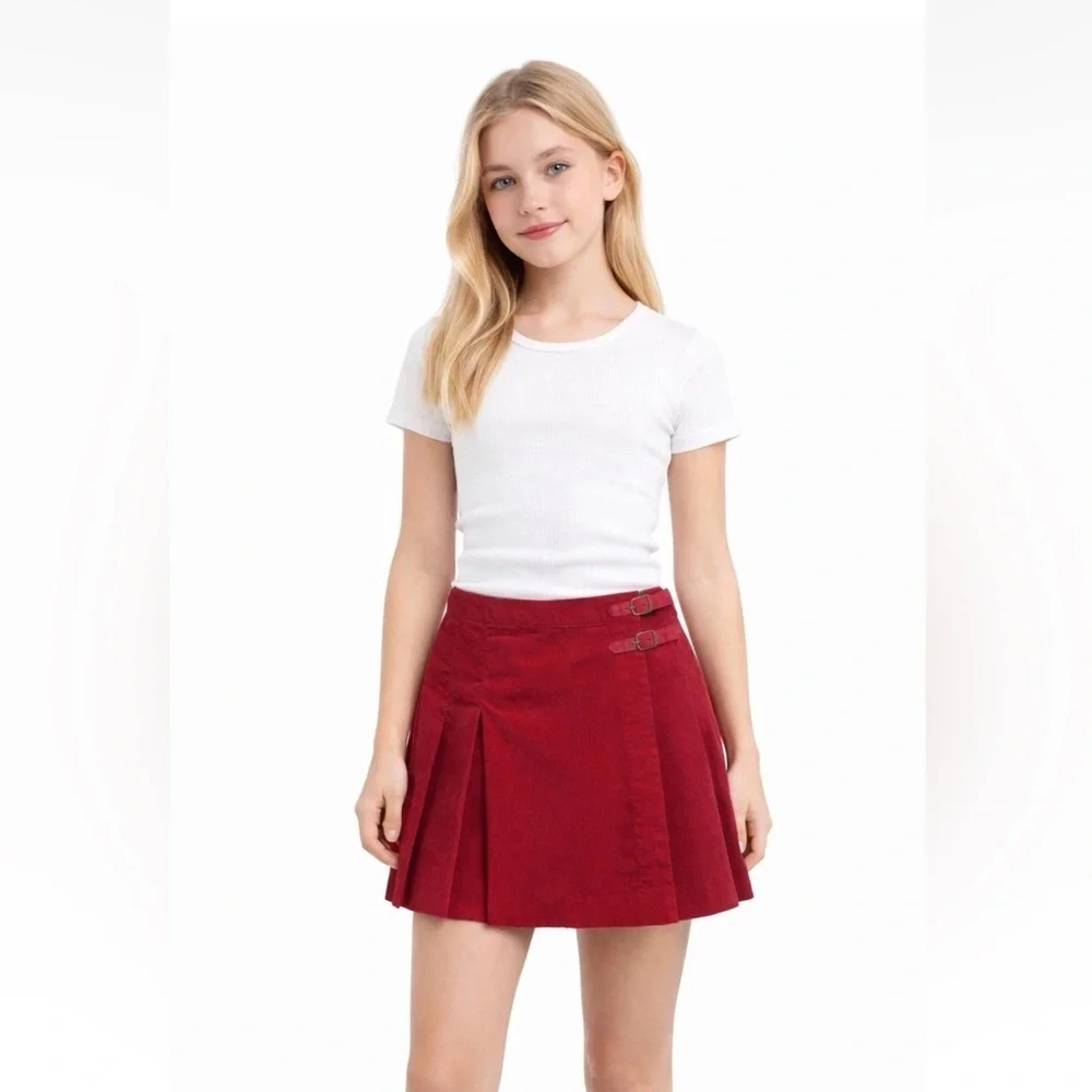 Polo Ralph Lauren Girls Red Corduroy Pleated Kilt Skirt Girls Size L 12 Preppy
